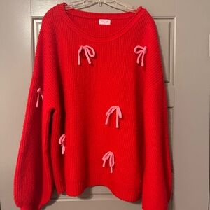 Pink Lily Vibrant Red Sweater with Pink Bow Details